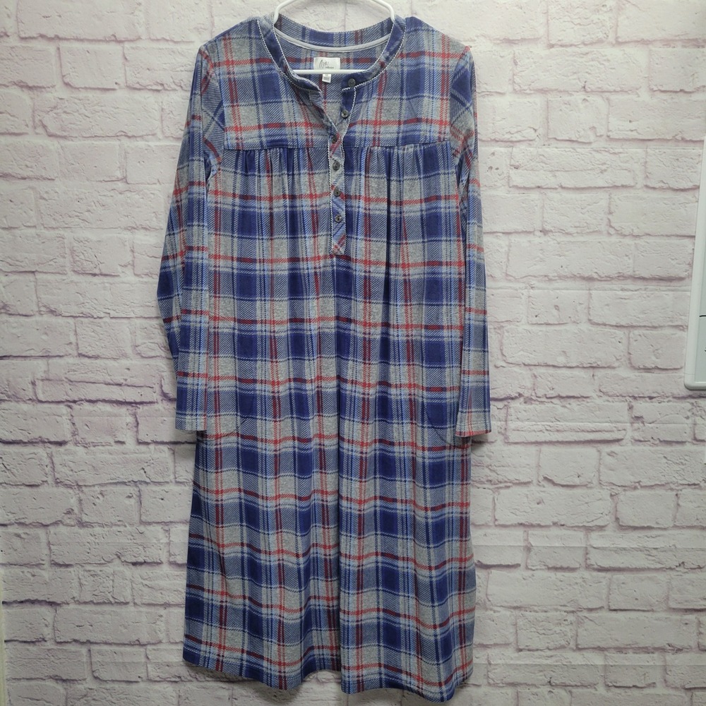 Aria Collection Blue Plaid Flannel Midi Nightgown M Cozy Super Soft Sleep Lounge